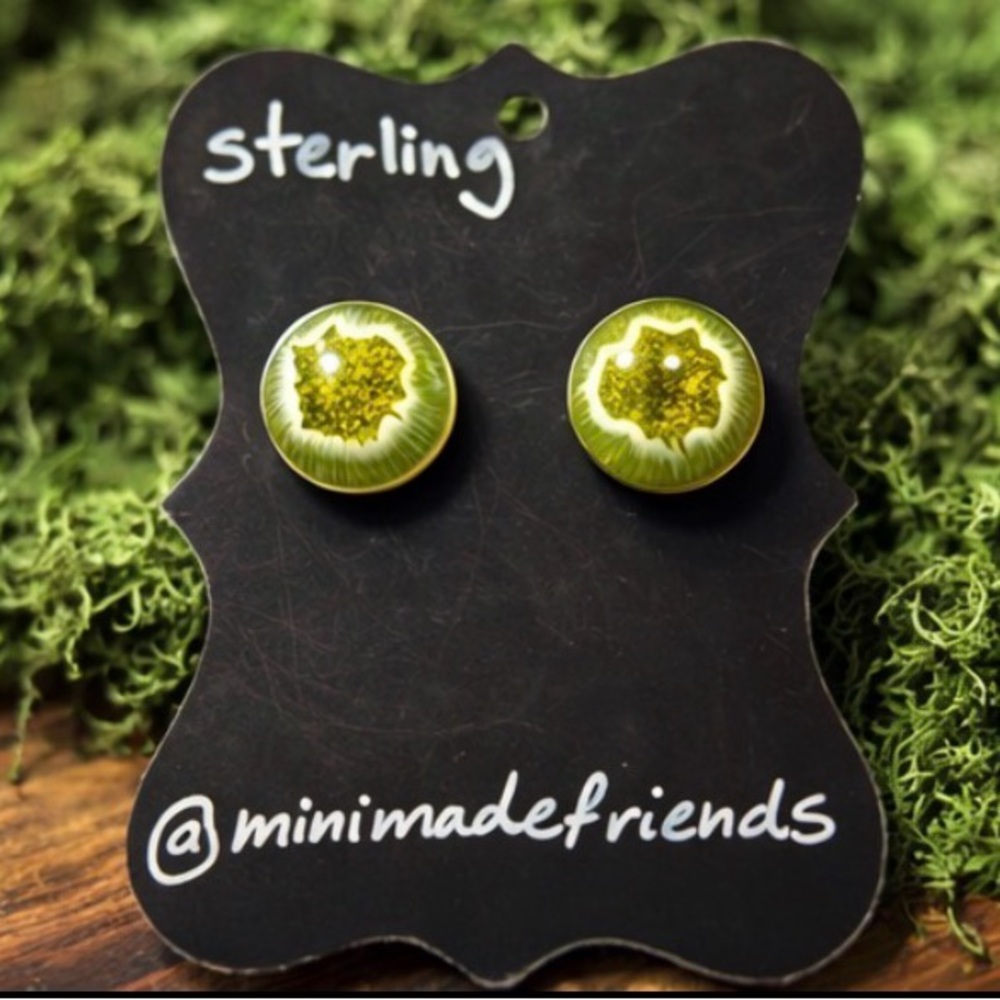 Artisan Sterling Silver OOAK Green Acrylic Stud Earrings Mini Made Friends